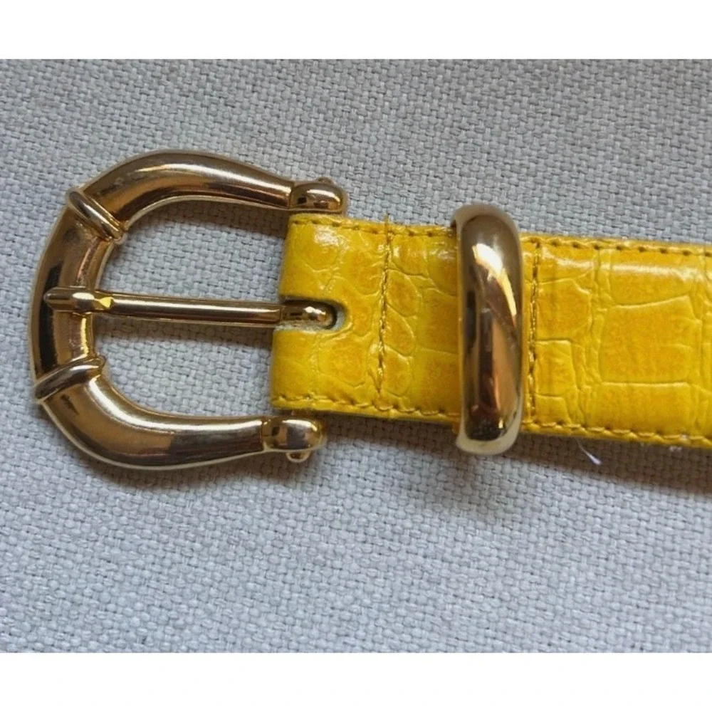 Vintage French Yellow Croc Embossed Leather Belt Scottie Dog Gold Buckle Small
